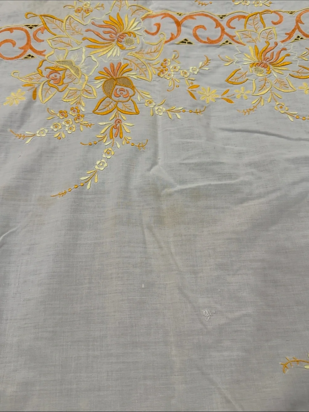 White vintage Tablecloth W/ Orange & Yellow Floral  Design. Size 114x64